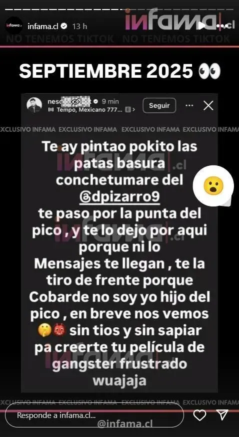 La primera amenaza contra Damián Pizarro. | Foto: Captura.