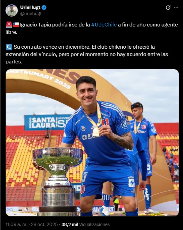 Ignacio Tapia dejaría la U a fines del 2026 como jugador libre. (Foto: Captura X)