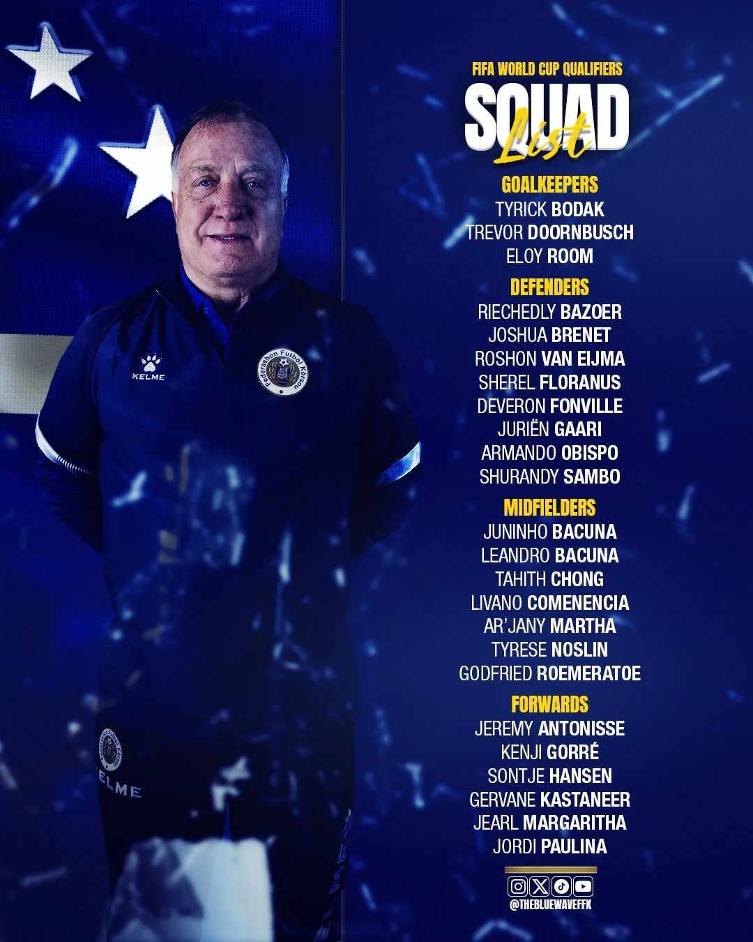 La nómina de Curazao para sus últimos dos partidos en eliminatorias rumbo al Mundial 2026 . Todos son jugadores nacidos en Países Bajos. 