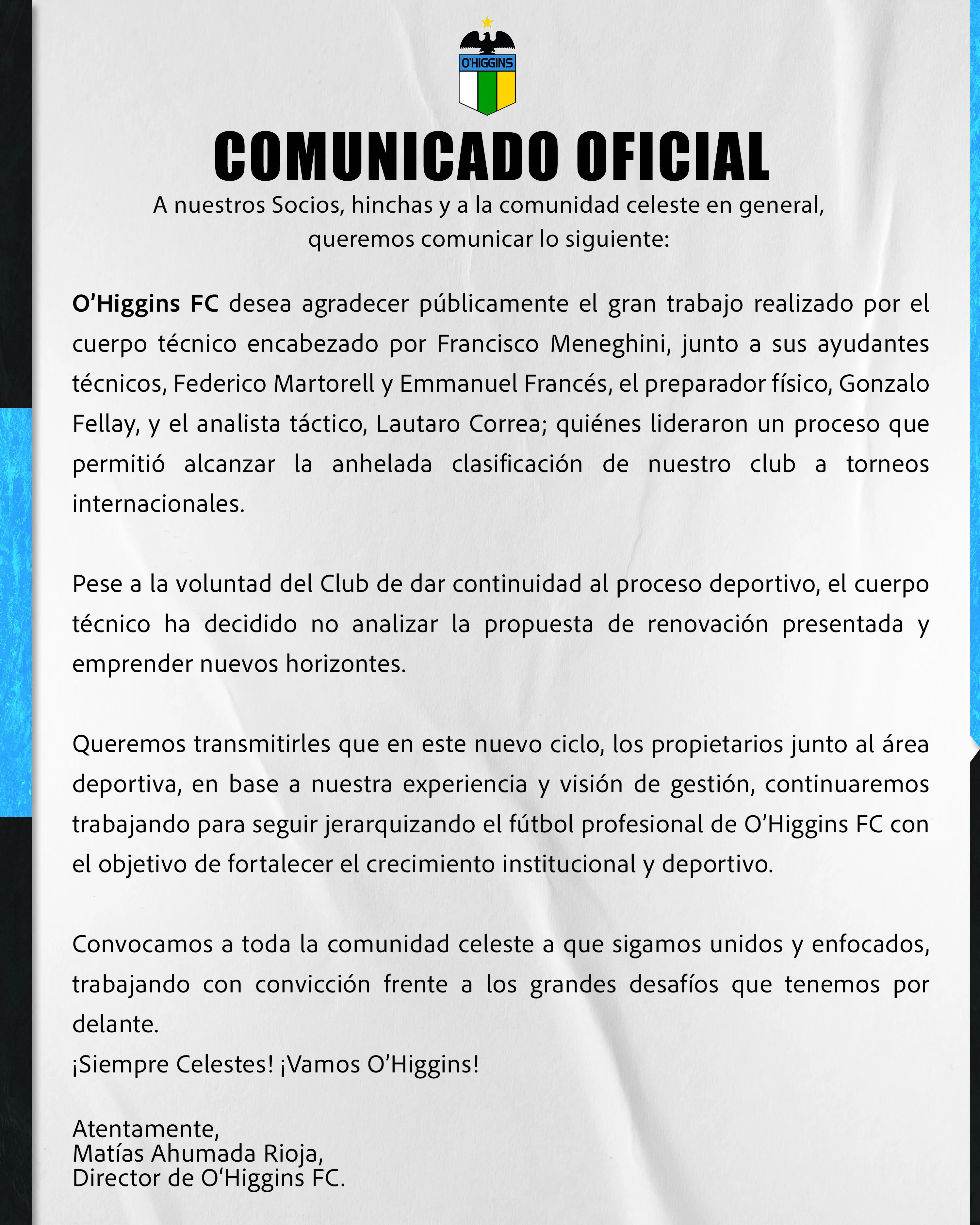 El comunicado de O’Higgins donde confirma la salida de Paqui Meneghini