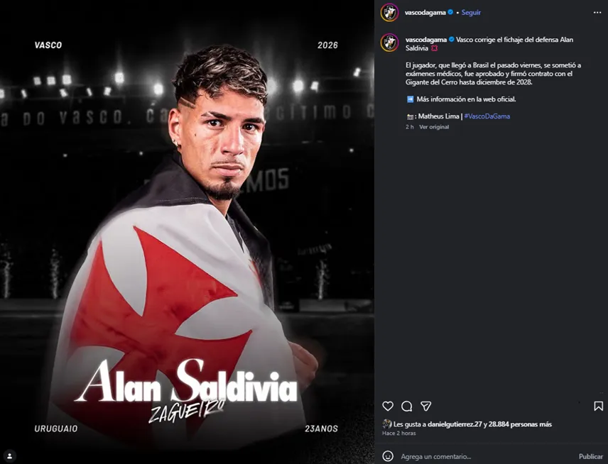 Vasco Da Gama presentó a Saldivia como refuerzo para 2026. (Foto: Captura de Instagram.)