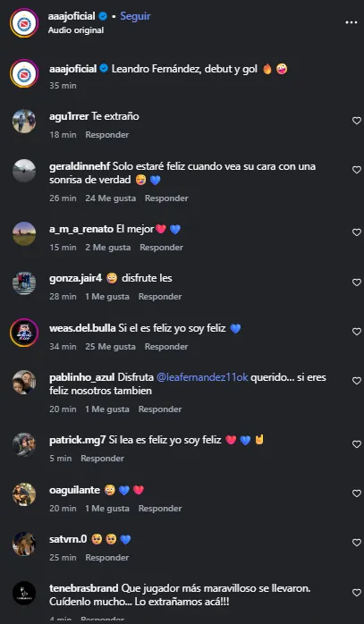 La publicación de Instagram de Argentinos Jrs se llenó de hinchas azules. (Foto: Captura de Instagram)