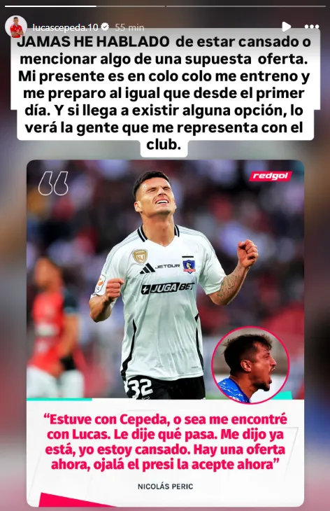 Lucas Cepeda respondió a las palabras de Nicolás Peric, quien aseguró que quería salir de Colo Colo. Foto: Instagram.