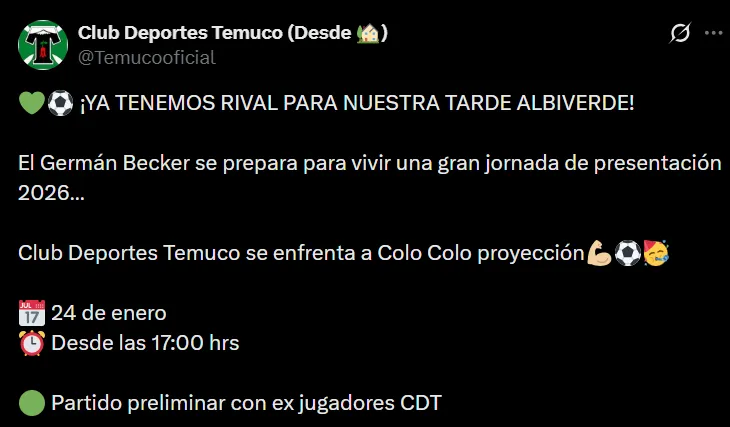 La publicación en X de Deportes Temuco. (Foto: Captura)
