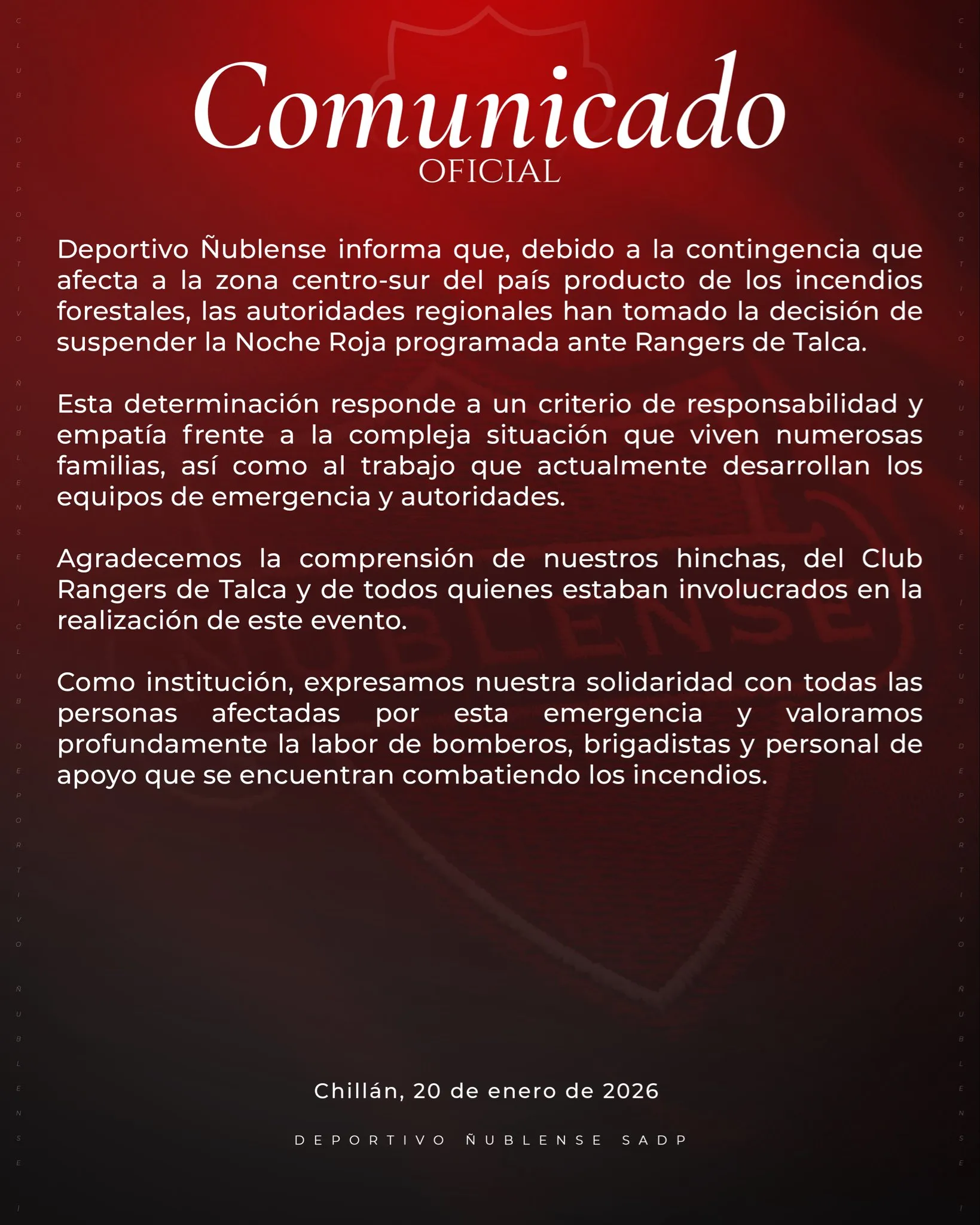 El comunicado por la suspensión de la Noche Roja (Ñublense)