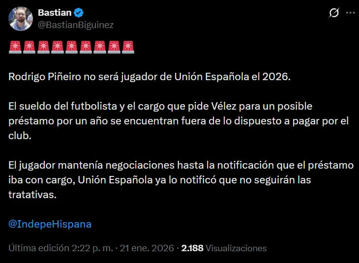 Piñeiro no será jugador de Unión Española. (Foto: Captura de X)