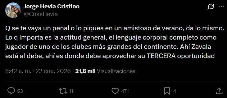 El tweet de Coke Hevia contra la ‘actitud’ de Zavala. (Fuente: X de Coke Hevia)