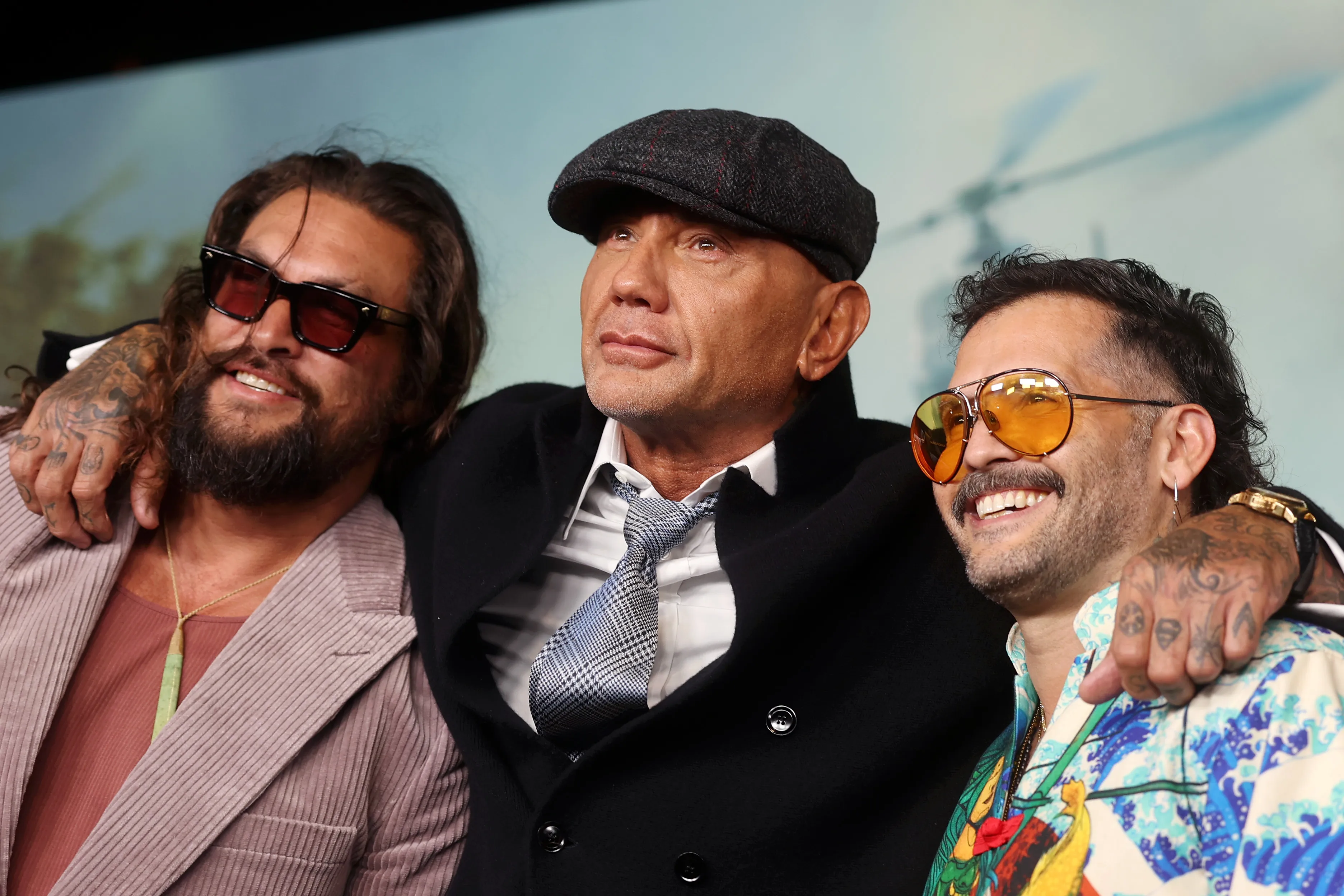 Jason Momoa, Dave Bautista y Angel Manuel Soto en la Premier de Equipo Demolición (Photo by Shane Anthony Sinclair/Getty Images)