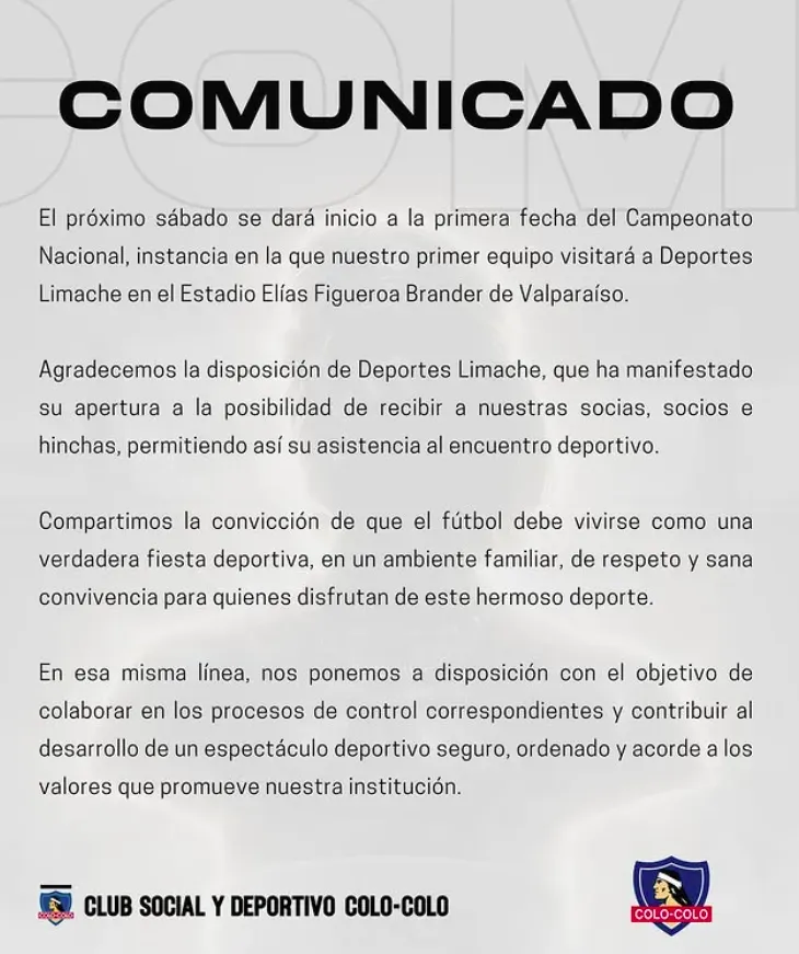 El comunicado de Colo Colo en apoyo… al apoyo de Deportes Limache.