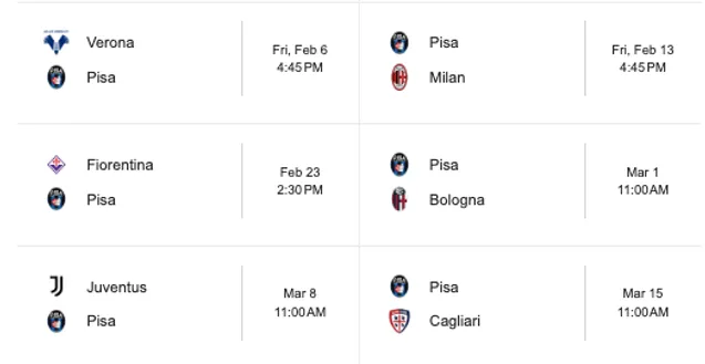 Los próximos partidos del Pisa de Felipe Loyola