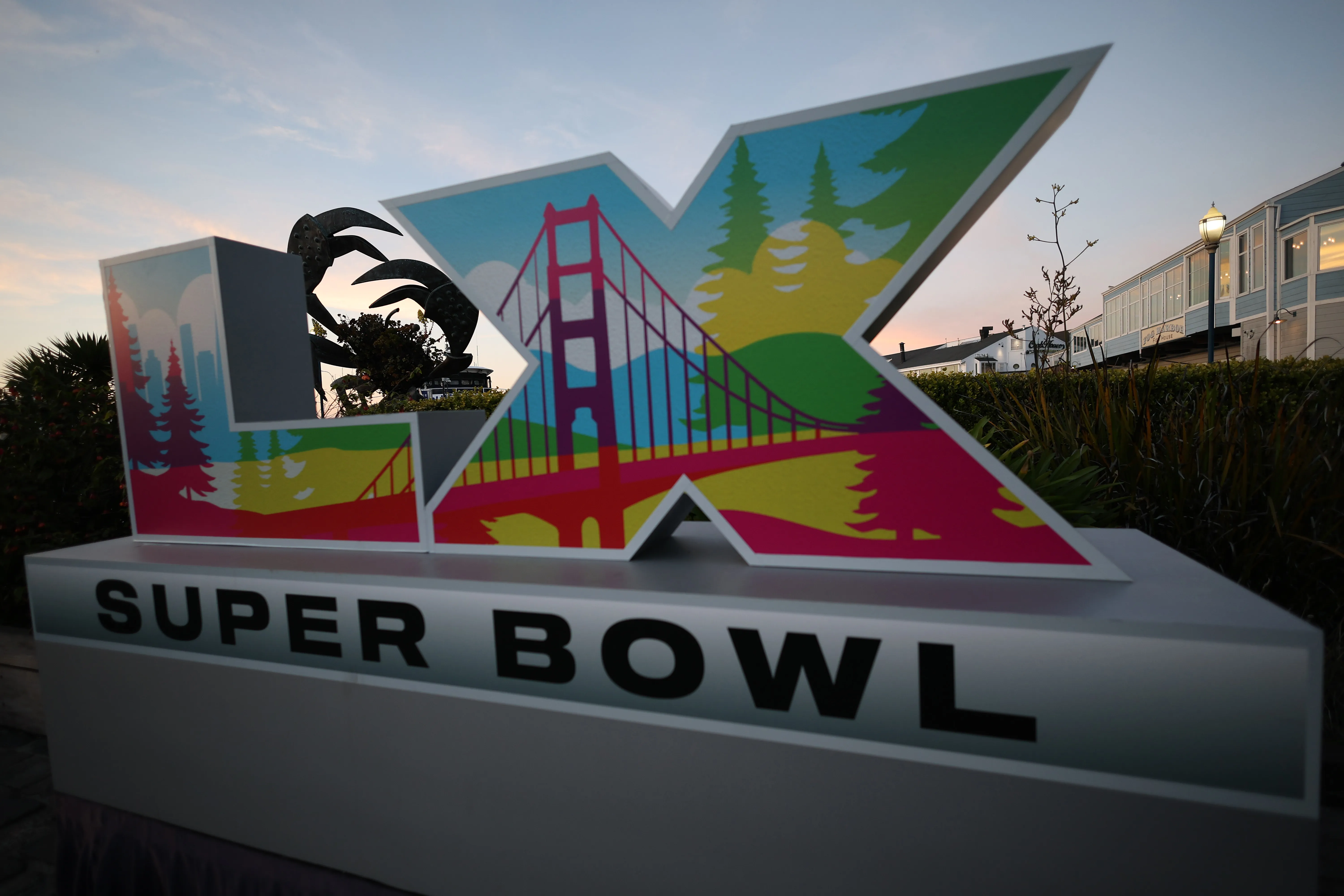 SAN FRANCISCO, CALIFORNIA – FEBRUARY 04: A view of Super Bowl LX signage at Pier 39 is seen on February 04, 2026 in San Francisco, California. (Photo by Chris Graythen/Getty Images)