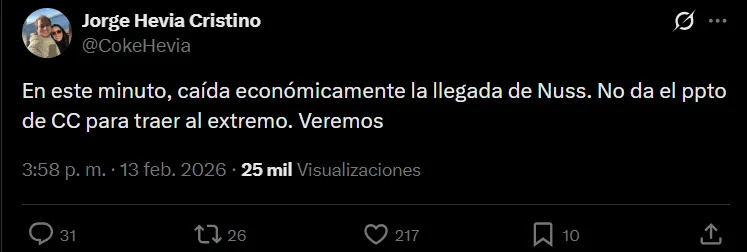 Coke Hevia lanzó una advertencia sobre Thiago Nuss a Colo Colo. (Foto: Captura de X.)