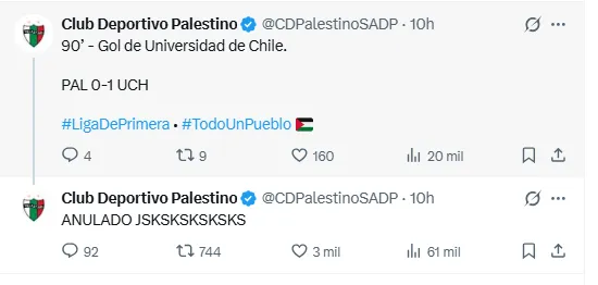 El mensaje de Palestino tras el gol anulado de Universidad de Chile. | Foto: Captura.