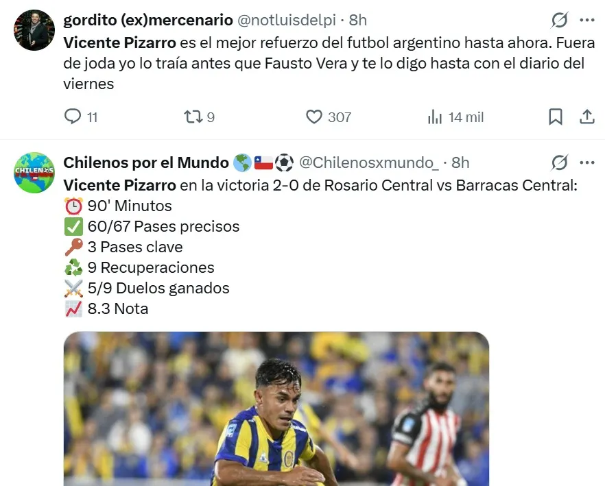 Pizarro se llena de elogios en Rosario Central