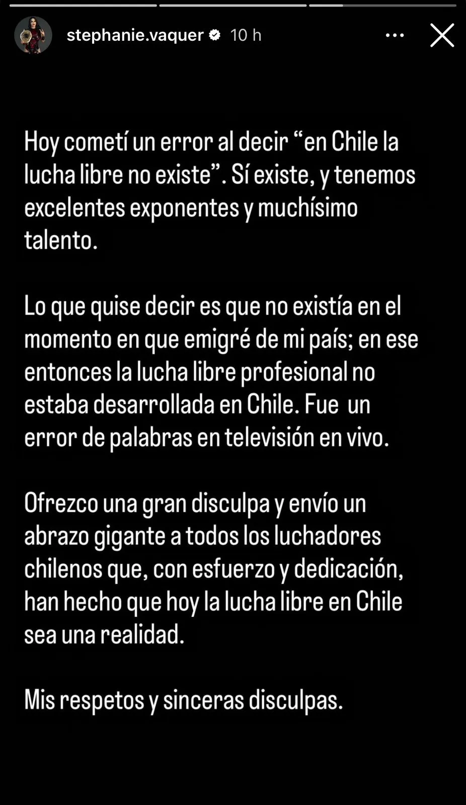 Las disculpas de ‘La Primera’ a la industria del wrestling en Chile. (Foto: Instagram Stephanie Vaquer)