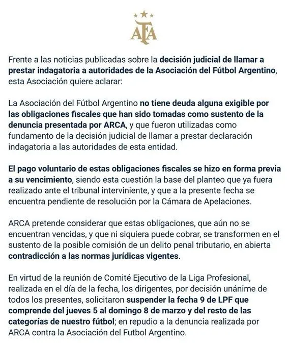 El comunicado de la AFA contra la investigación que realiza ARCA