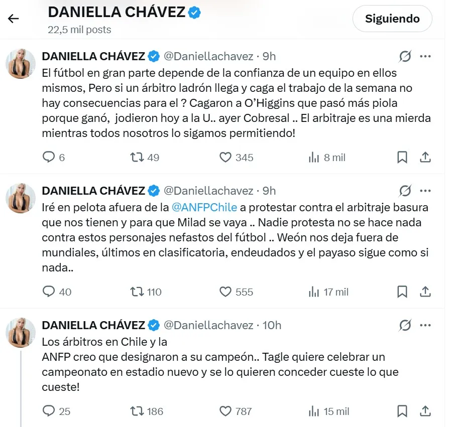 Los posteos de Daniella Chavez contra la ANFP y el arbitraje