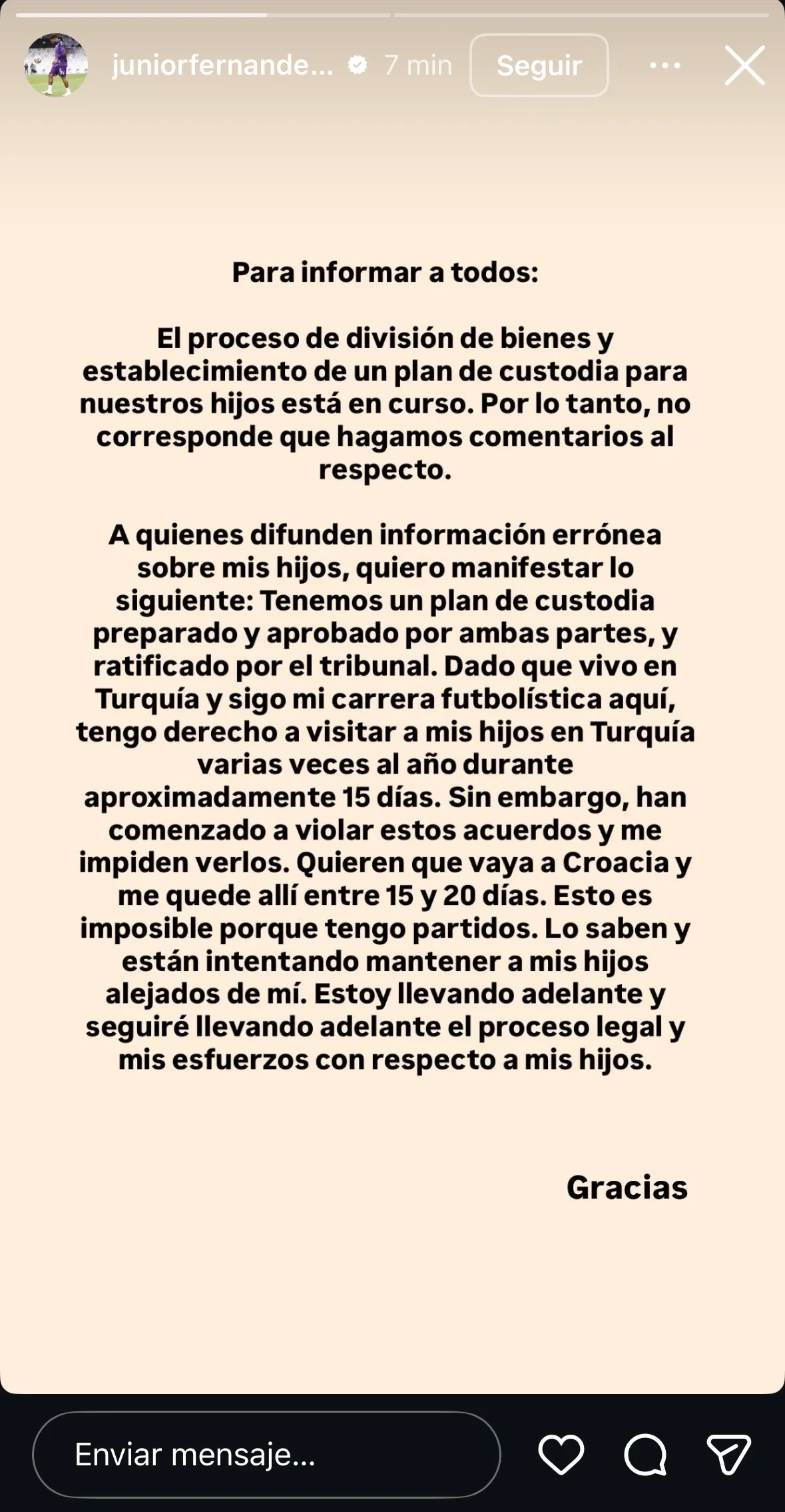 Captura de pantalla de historia de Instagram de la cuenta oficial de Junior Fernandes