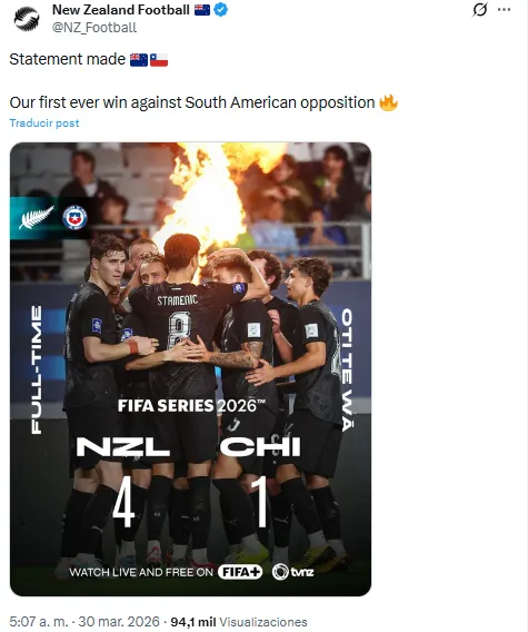 Nueva Zelanda marcó su primer triunfo ante un combinado sudamericano tras golear a la selección chilena. | Foto: Captura.