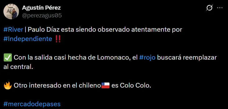 Desde Argentina avisan que Paulo Díaz interesa a Colo Colo e Independiente. (Captura de X)