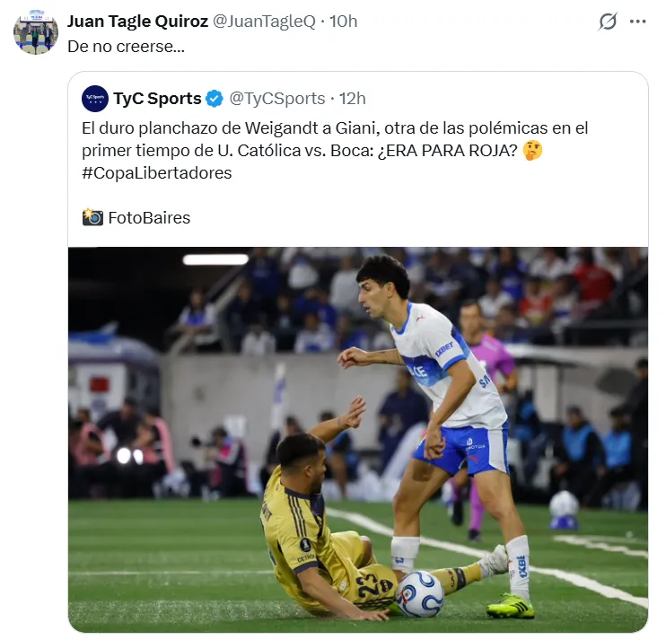 Juan Tagle furioso con el arbitraje en la Católica contra Boca.