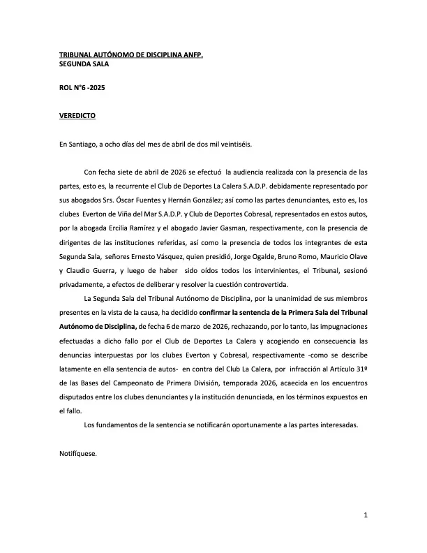 El fallo del Tribunal de Disciplina contra La Calera (ANFP)