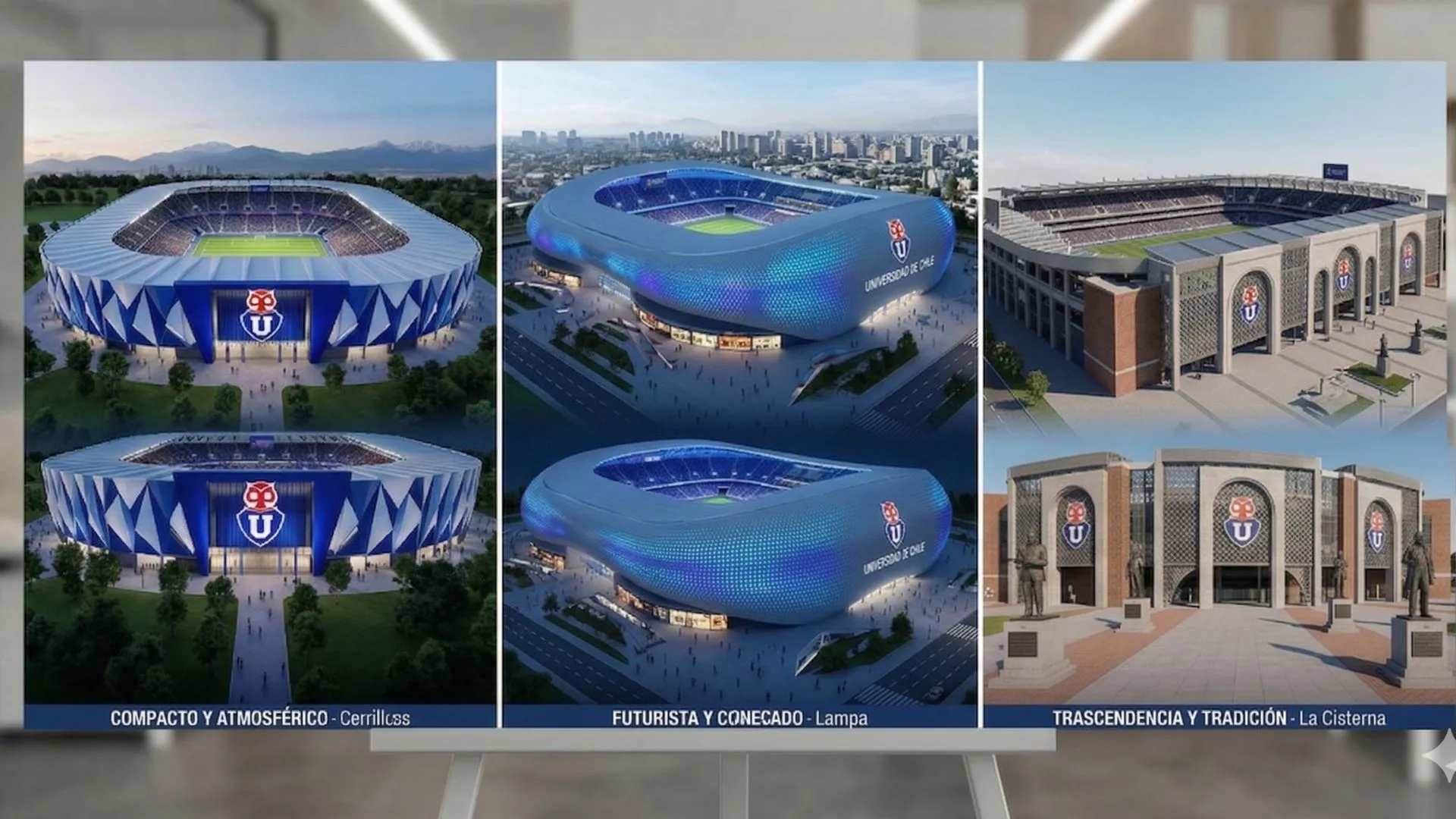 Los 3 diseños realizados por la IA para estadio de la U. (Foto: Gemini)