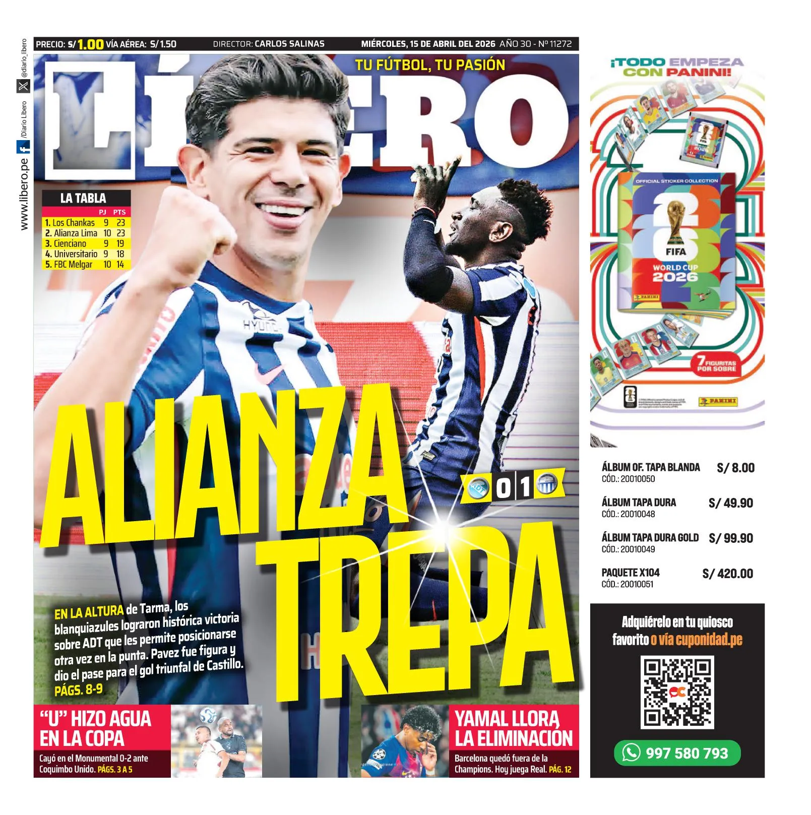 Pavez es portada en Perú por su gran partido en Alianza Lima.