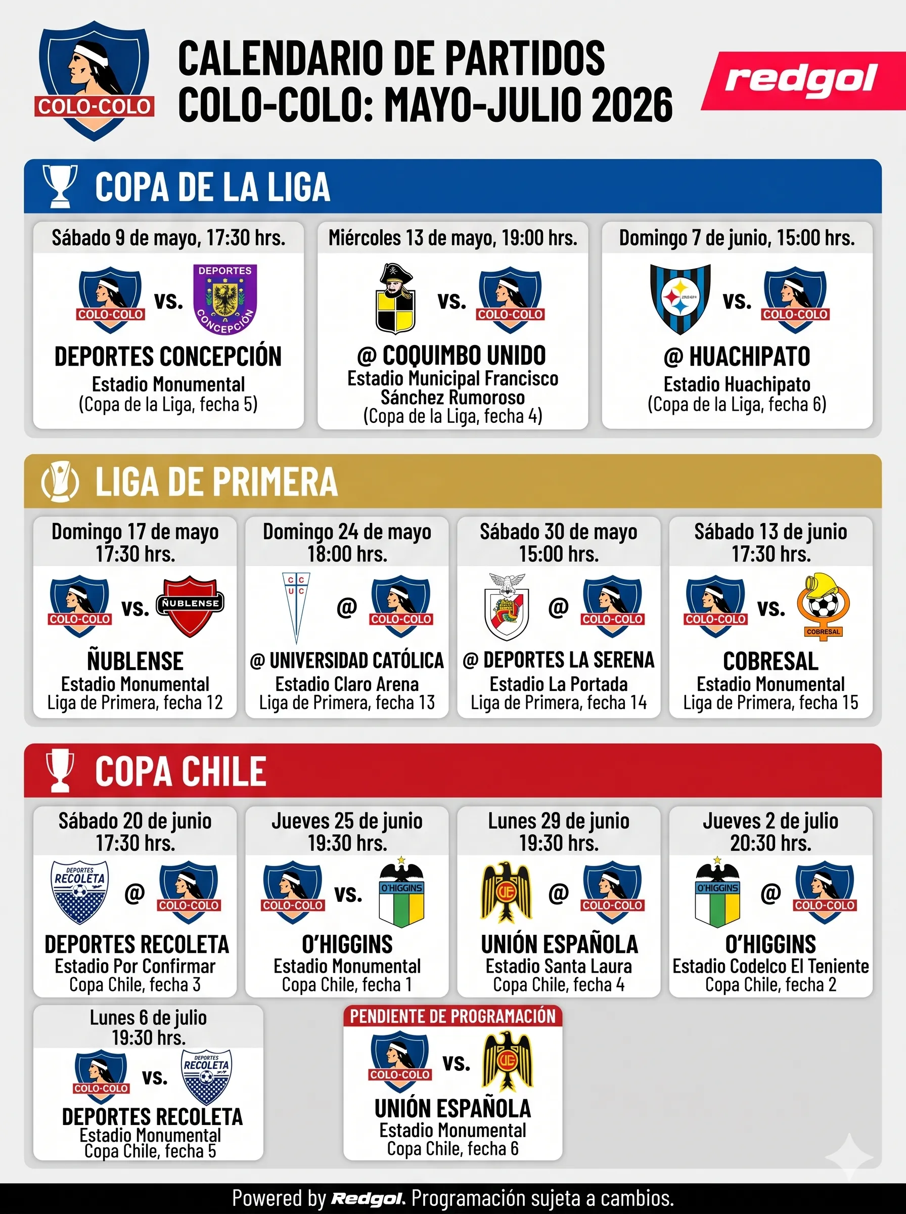 El calendario de partidos de Colo Colo tras la programación de Copa Chile.