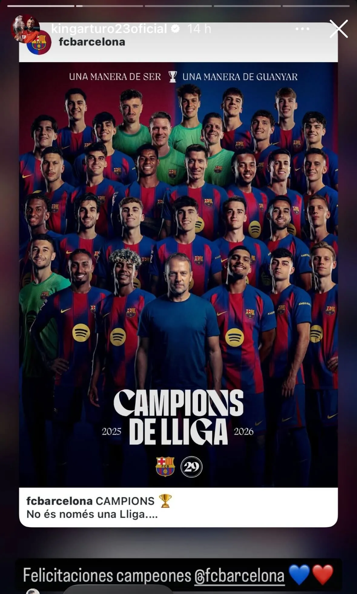 Este fue el mensaje de Arturo Vidal luego que el Barcelona se coronara campeón ante Real Madrid. Foto: Instagram.