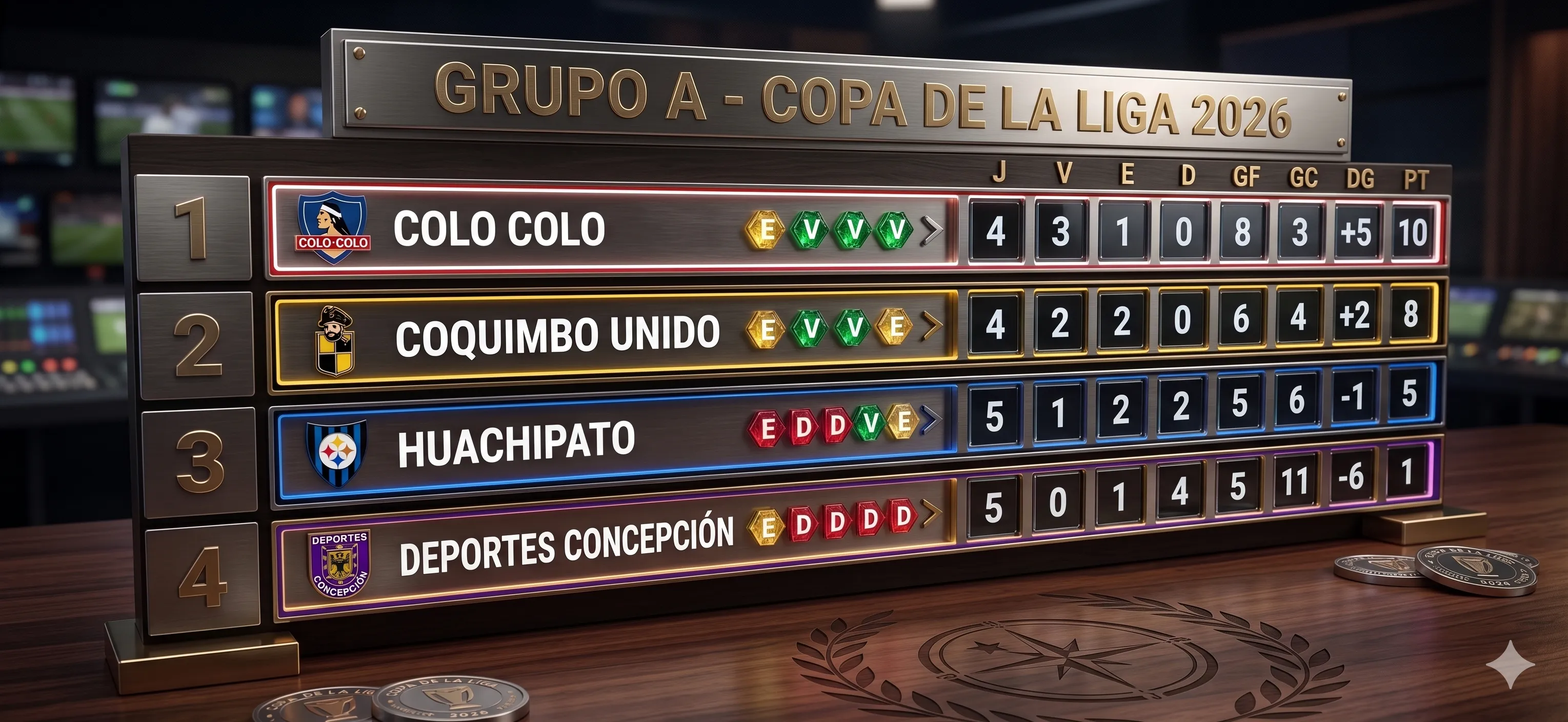 Así está el Grupo A de la Copa de la Liga 2026. Colo Colo y Coquimbo Unido son los únicos equipos con chanches de clasificar a la semifinales. | Foto: Gemini.