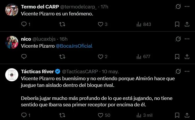 Hinchas de River y Boca elogian a Vicente Pizarro. (Foto: Twitter))