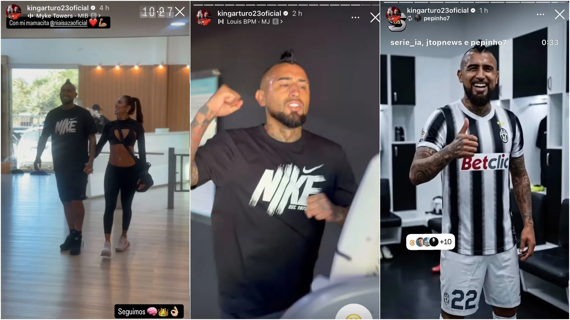 Arturo Vidal comenzó el día con mensajes en redes sociales junto a su pareja y mientras entrenaba. De la investigación, nada. Foto: Instagram.