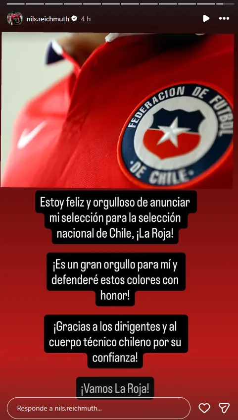 Así reaccionó Nils Reichmuth a su llamado a Chile. Foto: Instagram.