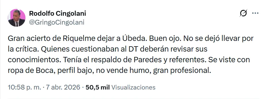 Hace poco respaldaba a Úbeda, DT que se irá de Boca