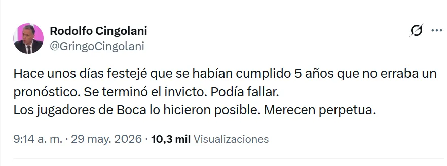 El posteo de Cingolani tras hacer el ridículo ninguneando a Católica
