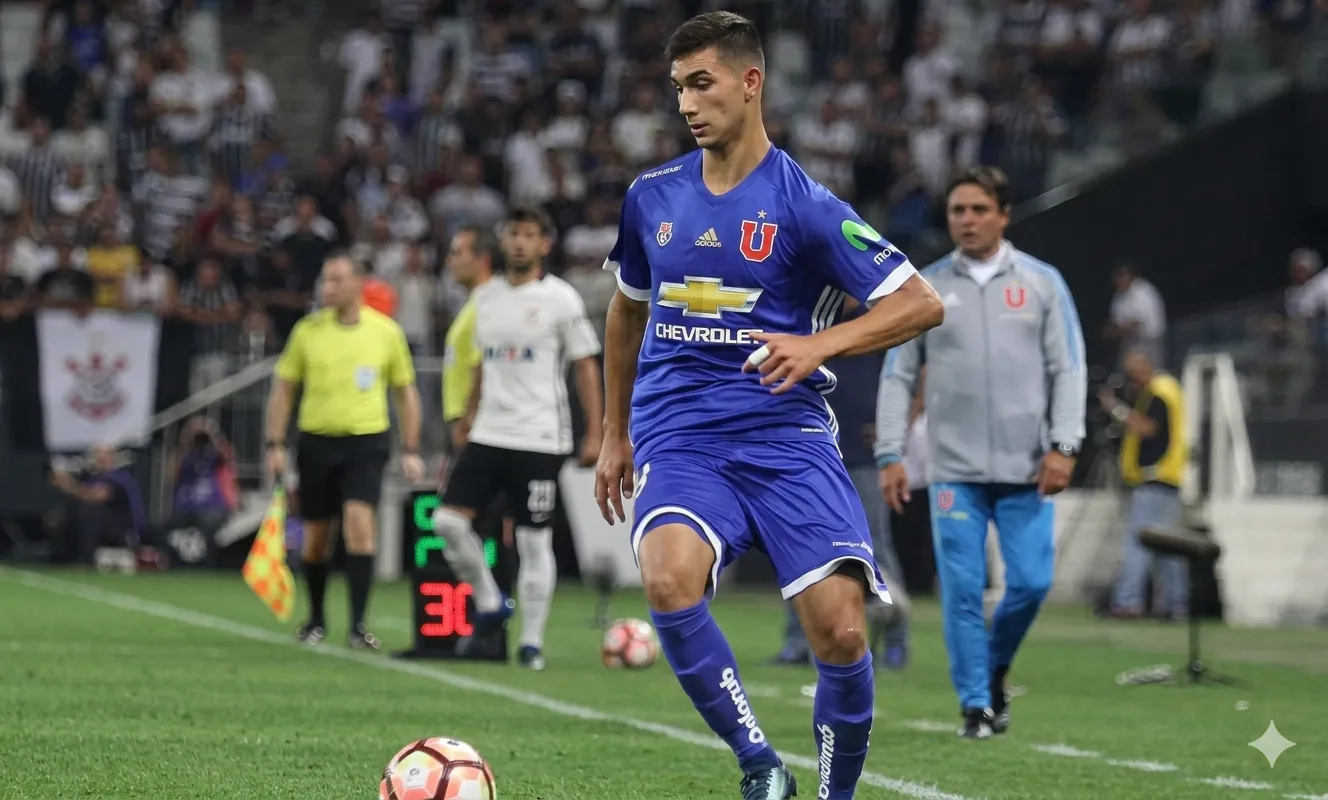 Valentín Castellanos en su único partido por la U de Chile. (Instagram y retocada con Gemini).