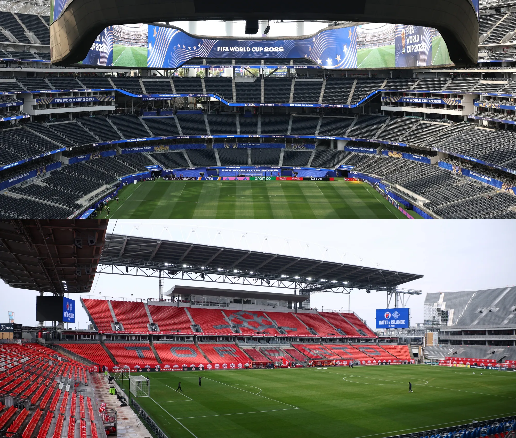 El SoFi Stadium de Los Ángeles y el BMO Field de Toronto, los dos estadios que verán acción este viernes 12 de junio en el Mundial 2026. | Foto: Getty Images.