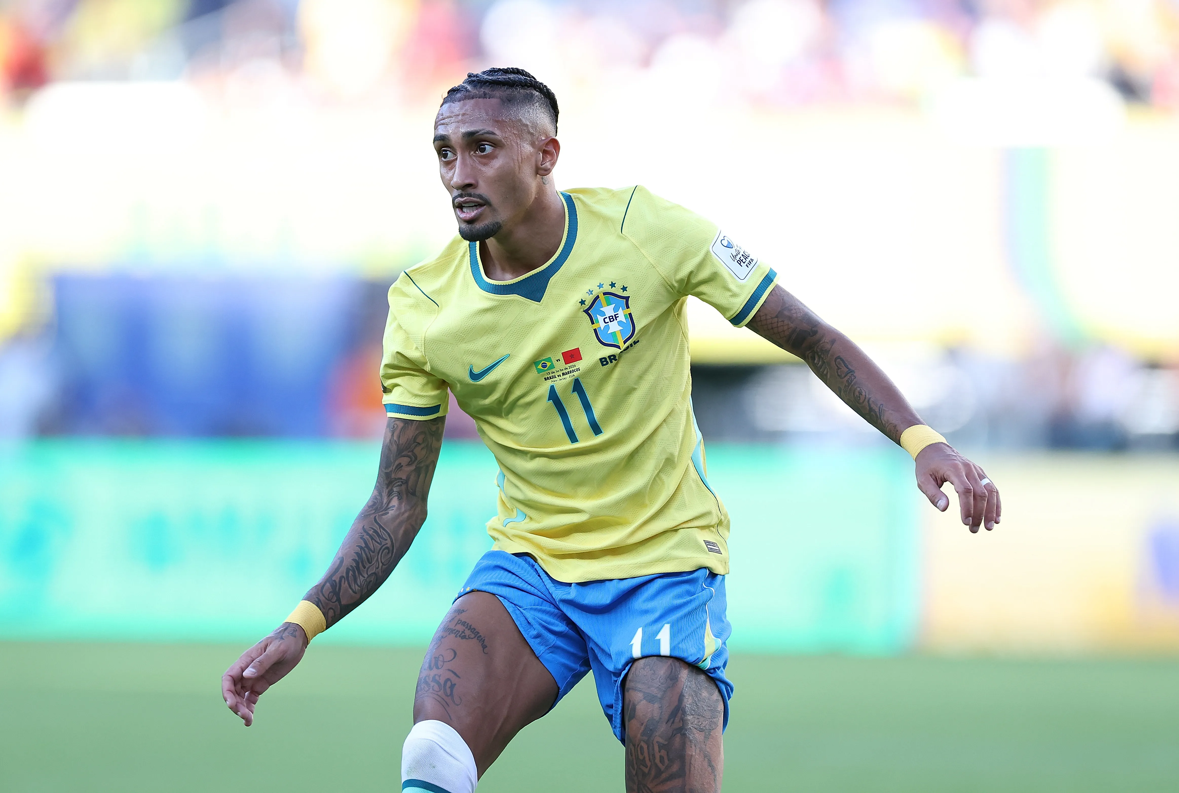 EAST RUTHERFORD, NEW JERSEY – JUNE 13:  Raphinha #11 of Brazil looks on during the FIFA World Cup 2026 Group C match between Brazil and Morocco at New York New Jersey Stadium on June 13, 2026 in East Rutherford, New Jersey. (Photo by Kevin C. Cox/Getty Images)