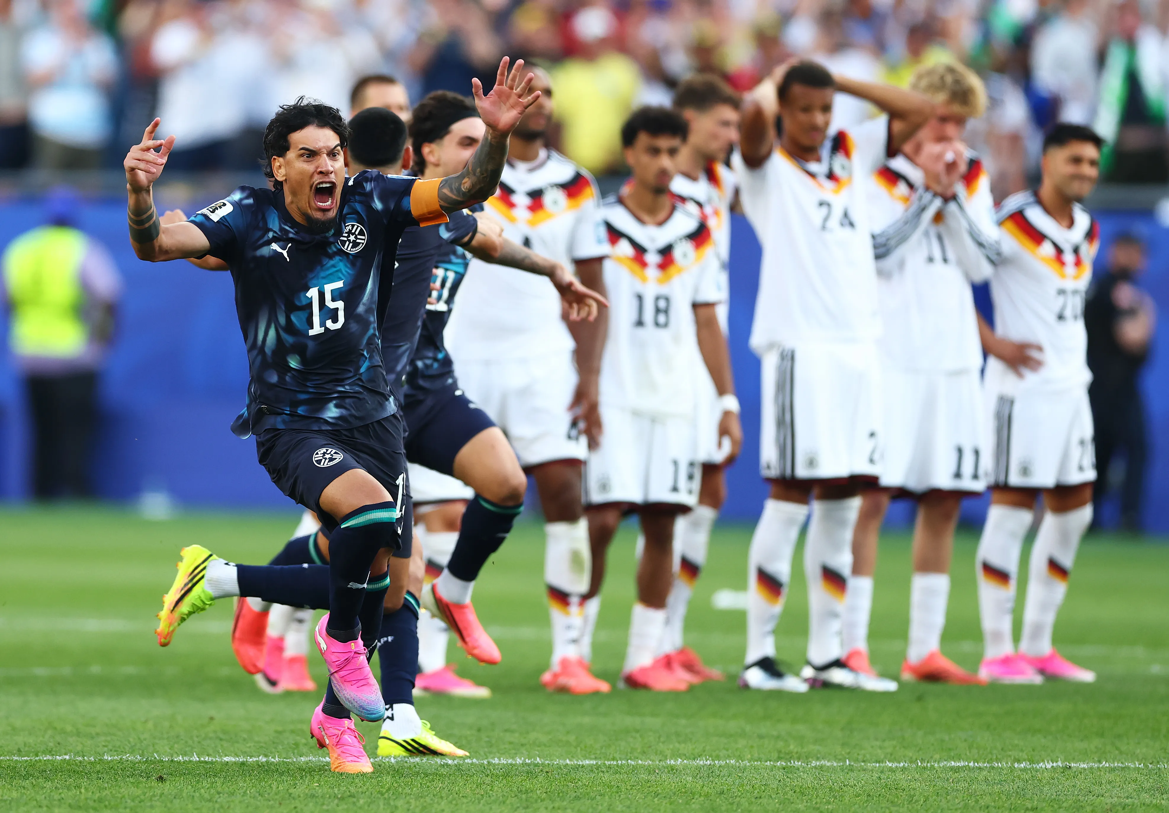 FOXBOROUGH, MASSACHUSETTS – JUNE 29: Gustavo Gomez #15 of Paraguay celebrates after Jose Canale #13 scores the winning penalty in a penalty shootout during the FIFA World Cup 2026 Round Of 32 match between Germany and Paraguay at Boston Stadium on June 29, 2026 in Foxborough, Massachusetts. (Photo by Robert Cianflone/Getty Images)