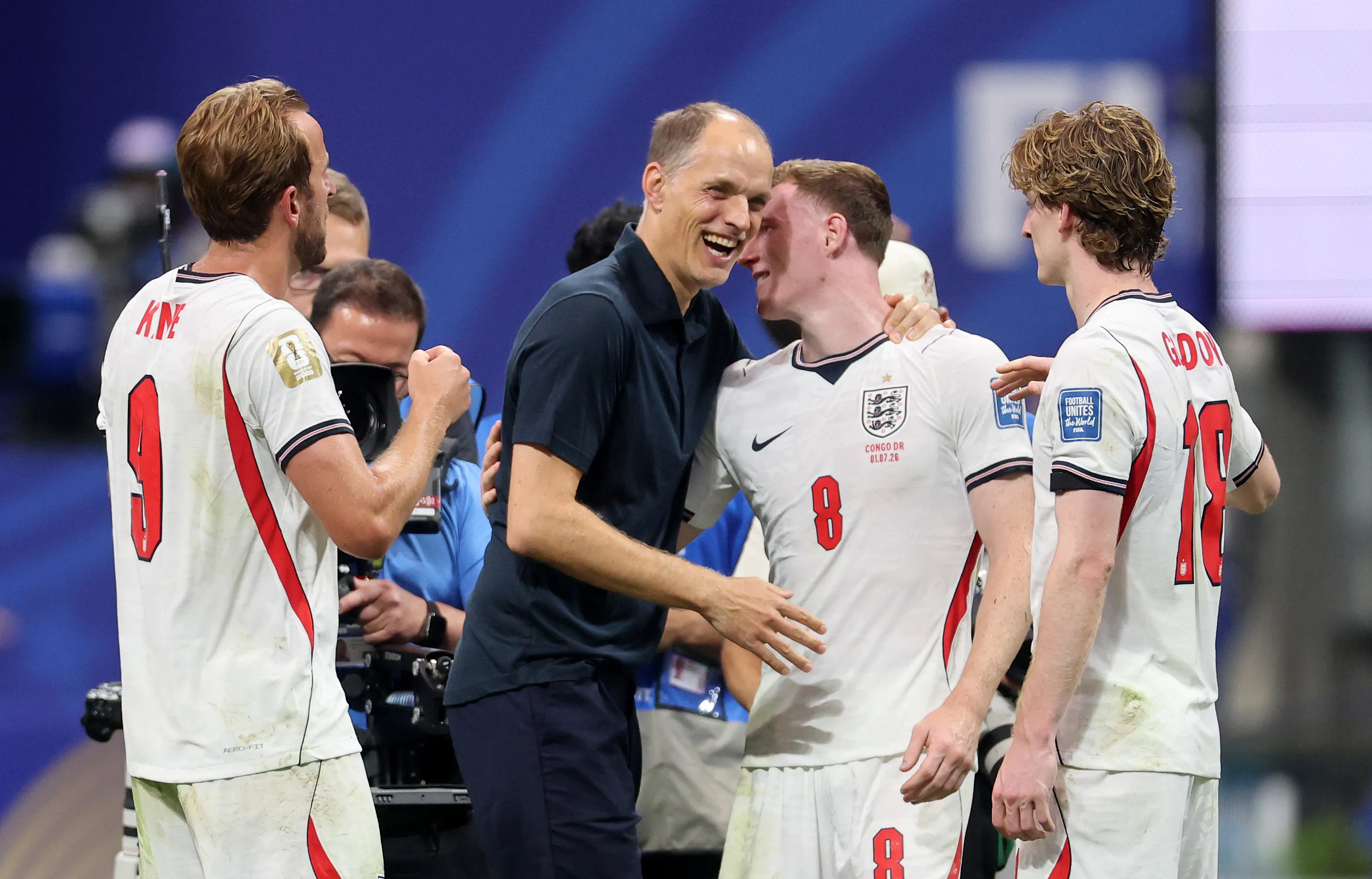 La felicidad del DT alemán Thomas Tuchel, Anthony Gordon. Harry Kane y Elliot Anderson. (Michael Reaves/Getty Images).