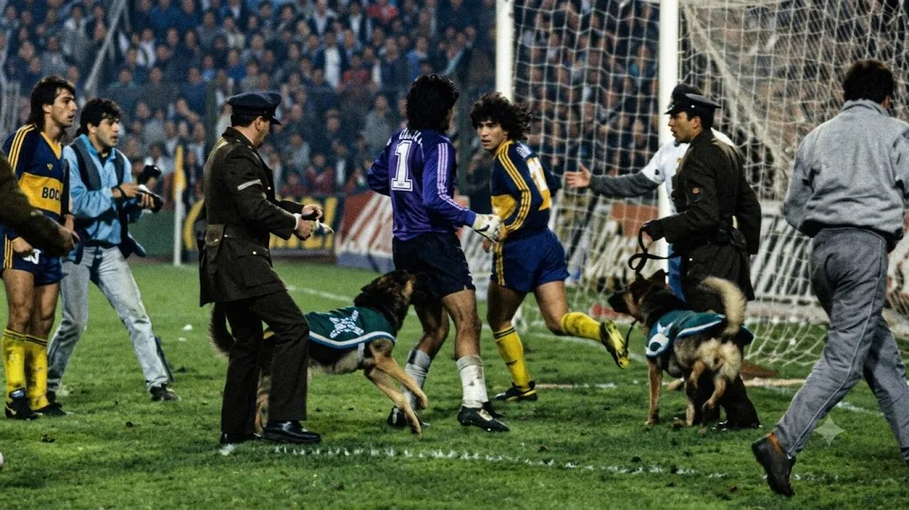 Colo Colo superó a Boca Juniors en la semifinal de Copa Libertadores 1991. Sin embargo, la mordida del perro Ron a Carlos Navarro Montoya sigue siendo uno de los episodios más polémicos de la Copa Libertadores. Foto mejorada con IA