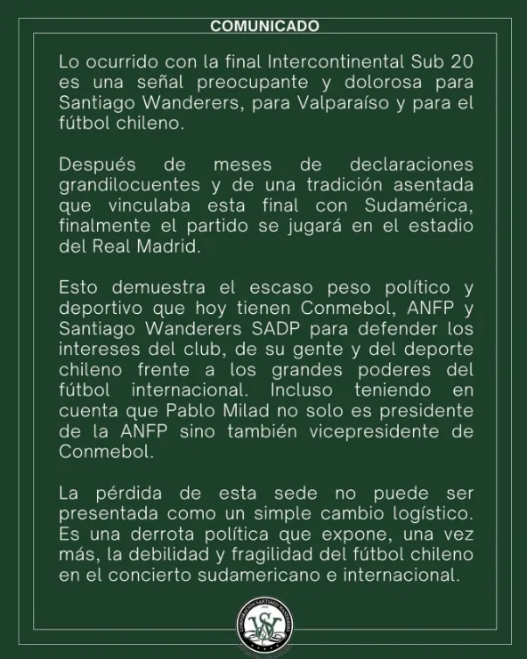 Comunicado de la Corporación Santiago Wanderers.