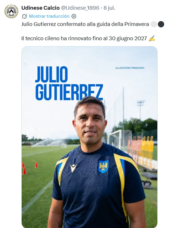 Julio Gutiérrez sigue como DT de la sub 20 del Udinese.