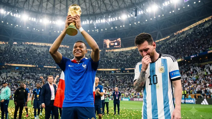 Mbappé y Messi luchan por la Copa del Mundo.