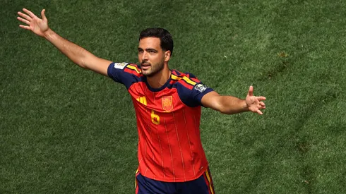 Así festejó Mikel Merino su gol ante Bélgica.