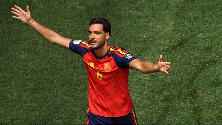 Así festejó Mikel Merino su gol ante Bélgica.