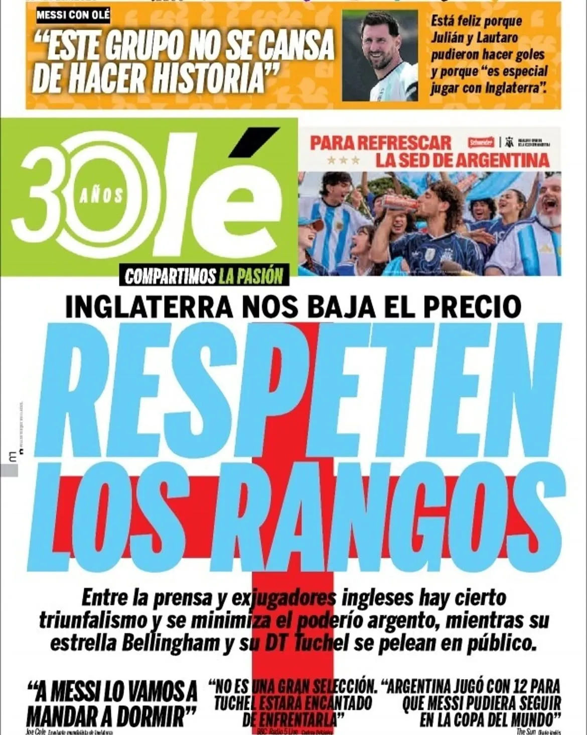 La portada de Olé este lunes 13 de julio.
