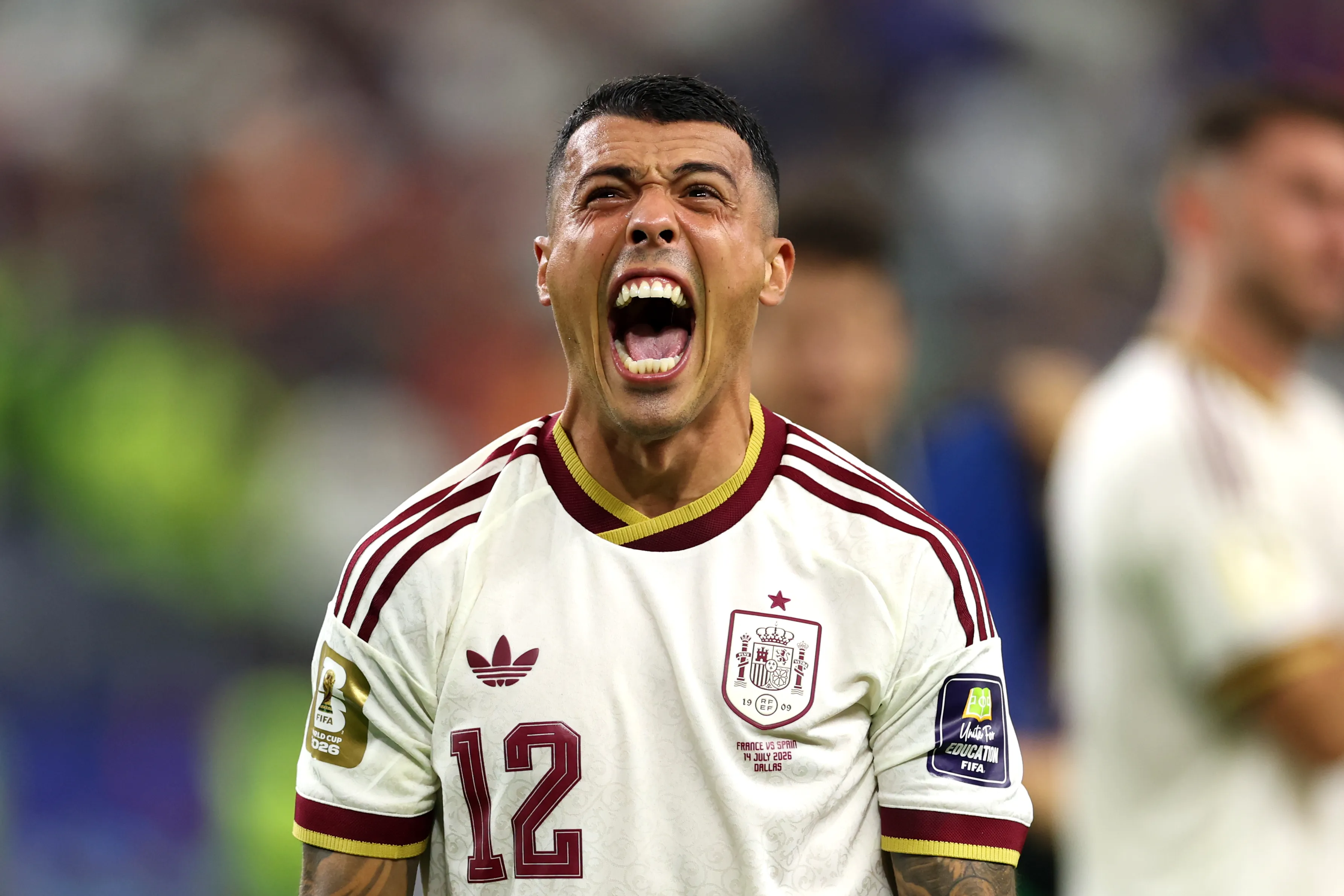 Pedro Porro celebra el golazo que le anotó a Francia. (Florencia Tan Jun/Getty Images).
