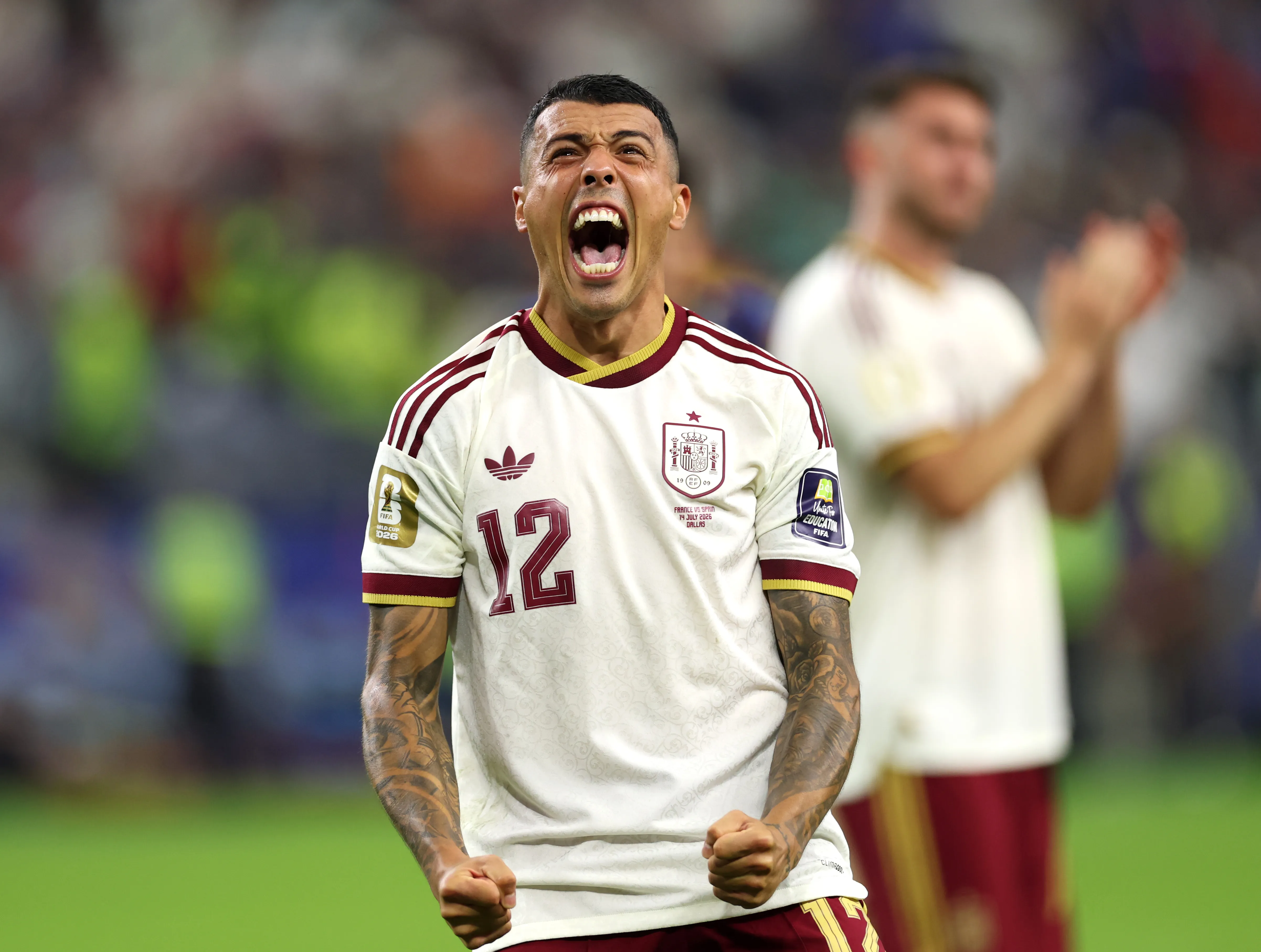Así festejó Pedro Porro su gran gol ante Francia. (Florencia Tan Jun/Getty Images).